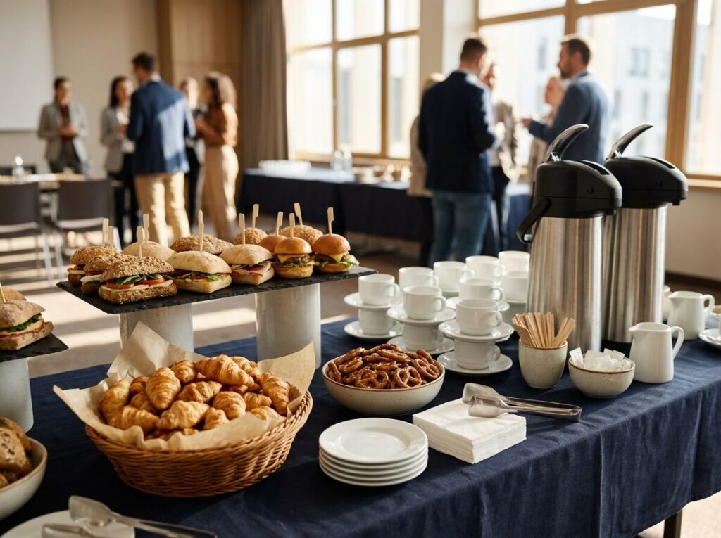 Büro-Frühstück mit belegten Brötchen und Croissants