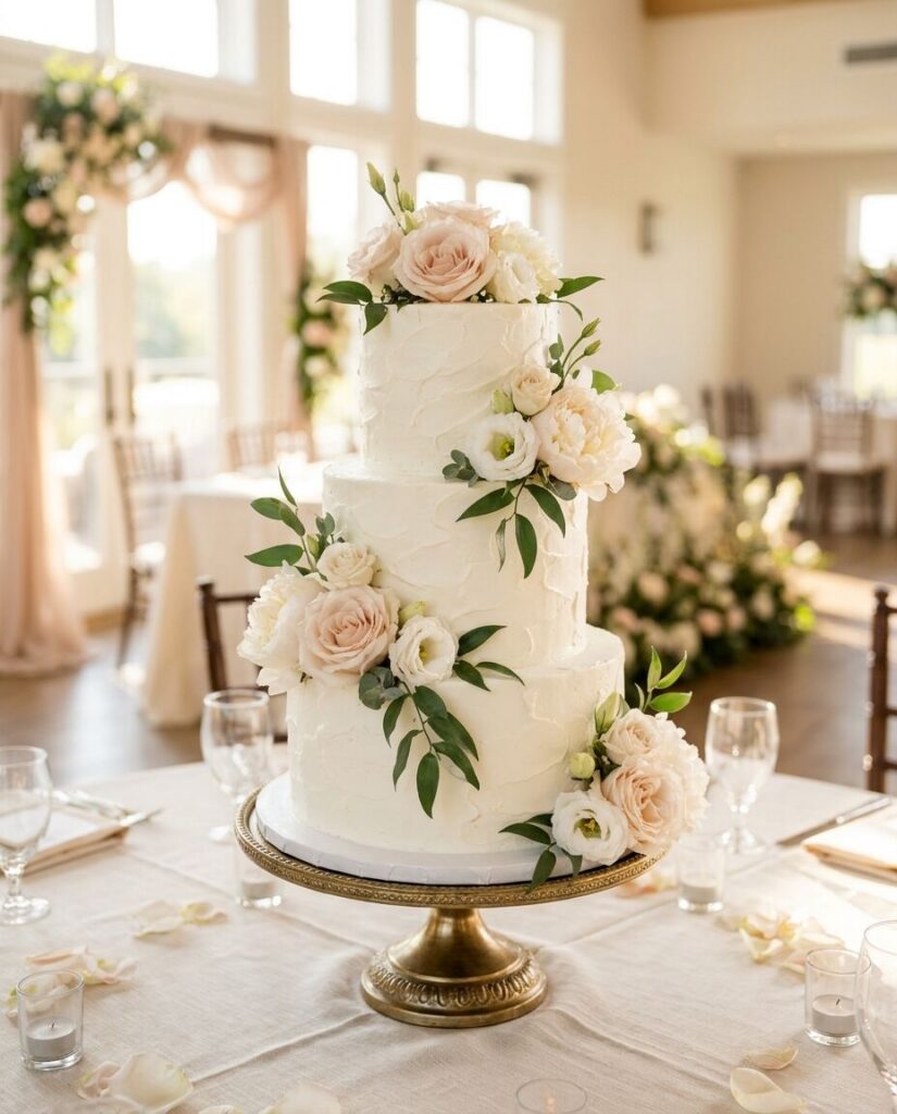 Mehrstöckige Hochzeitstorte mit Blumen